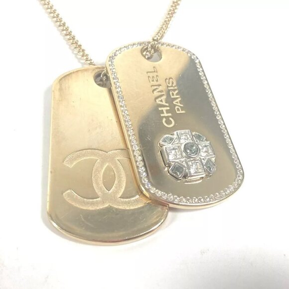CHANEL CC CC Mark Accessories Dog Tag Rhinestone Chain Long Necklace - Picture 1 of 8